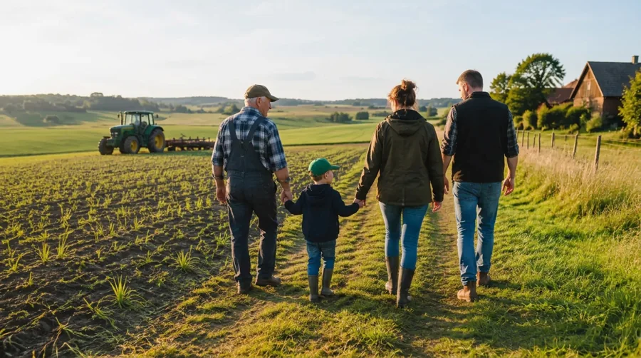 Drei Generationen einer Familie gehen im Tageslicht gemeinsam einen Feldweg entlang