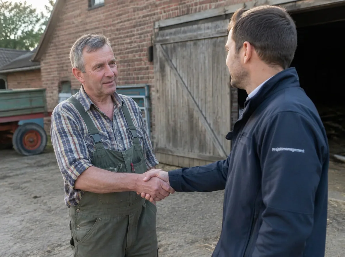 Landwirt und Projektleiter geben sich auf einem Bauernhof vor einer Scheune die Hand