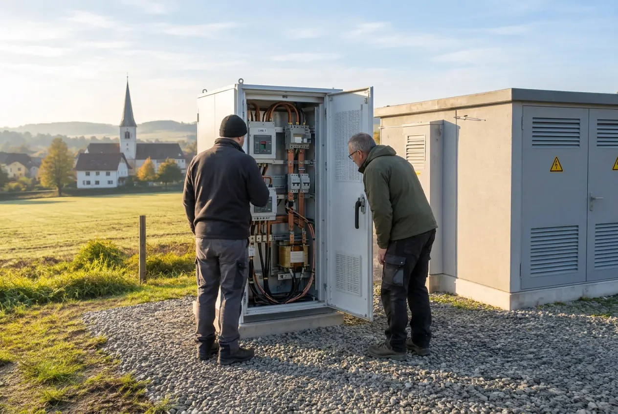 Zwei Techniker prüfen einen neutralen Schaltschrank neben einer Trafostation am Rand eines Dorfes