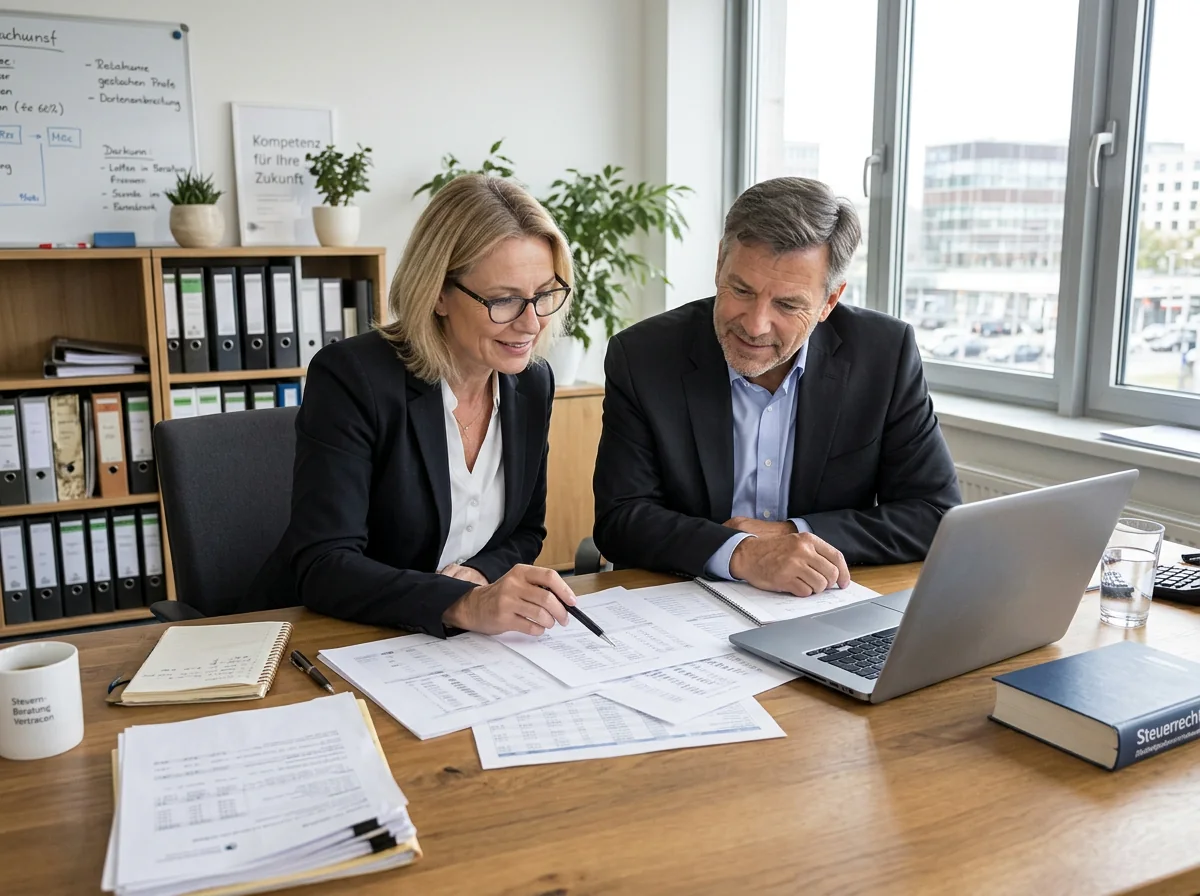 Steuerberaterin und Unternehmer prüfen in einem hellen Büro gemeinsam Zahlen am Schreibtisch